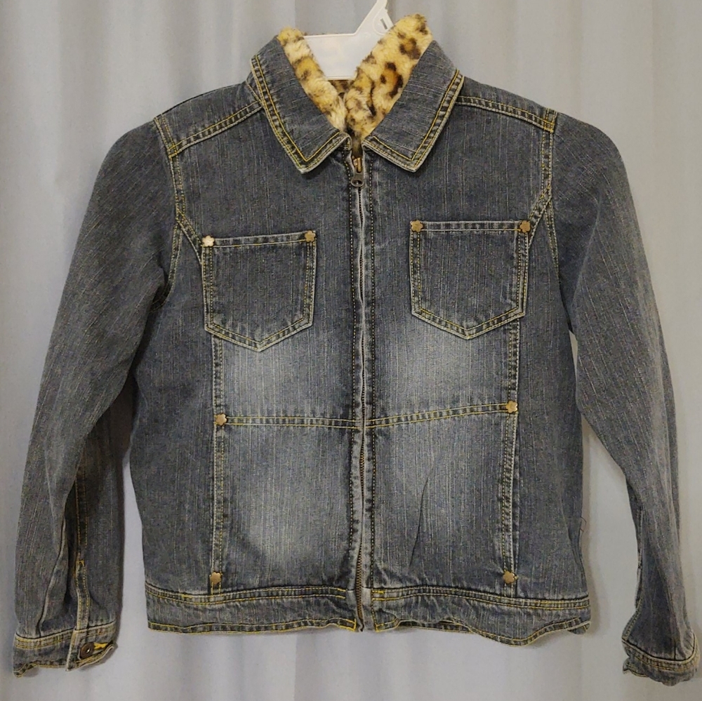 Girls Blue Denim Removable Leopard Print Lined Jean Jacket Size 10/12